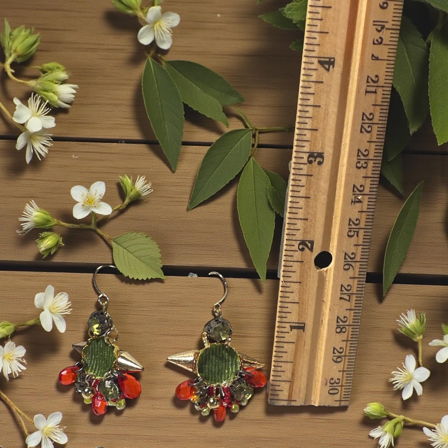 Handmade Mixed-Material Christmas Earrings – Green and Red - includes Fabric, Metal, Faux Crystal and Glass - Holiday Dangles