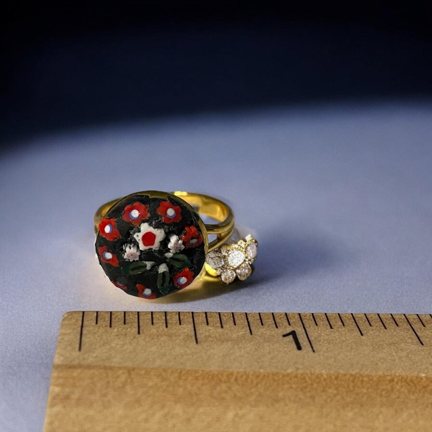 Handmade micro mosaic adjustable ring - Italian inspired - hand cut glass with millefiori flowers