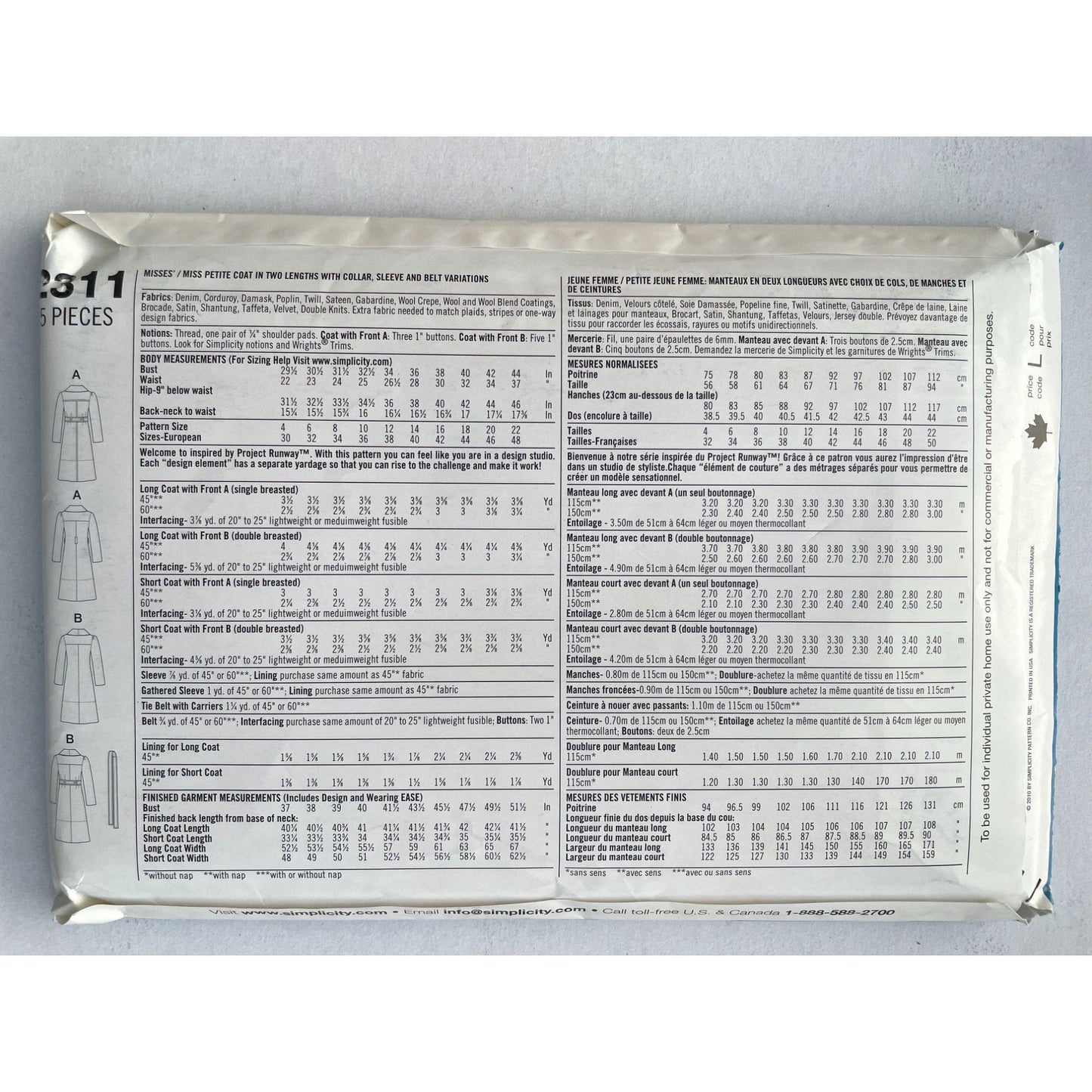 UNCUT Sewing Pattern - Simplicity Project Runway Misses Sz 14-22 Overcoat Pattern 0470