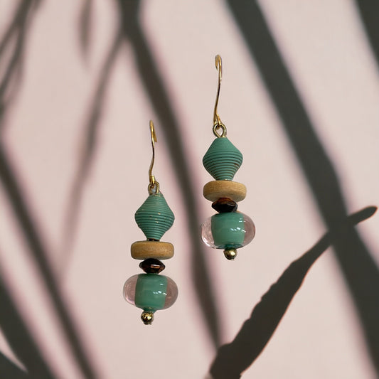 Mixed material glass, metal and wood turquoise drop earrings