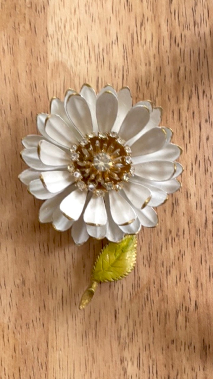 Revised, Modernized, Upcycled - hand made / hand painted one-of-a-kind mixed media vintage white flower pin with rhinestones