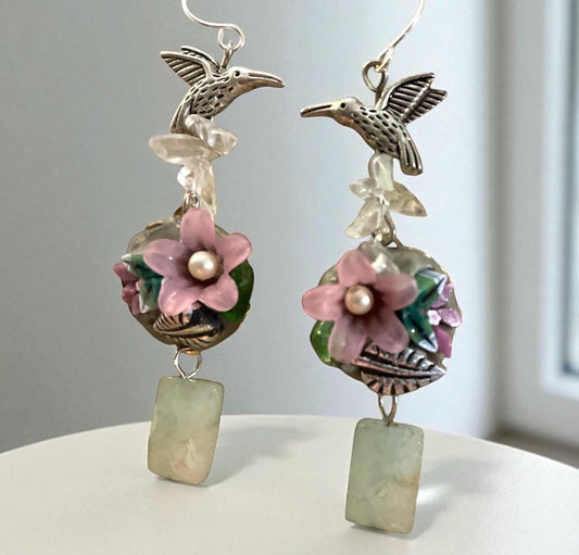 Handmade Micromosaic Dangle Earrings | Murrini Glass, Acrylic Flower, Hummingbird Charm, inlaid glass, Green Stone | Unique Art Jewelry Gift