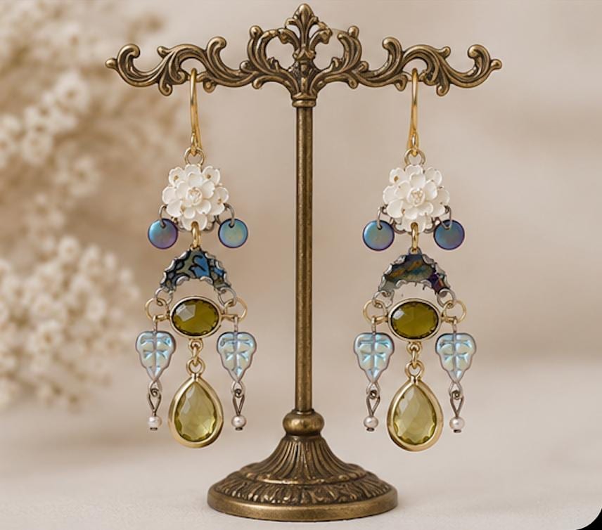 Handmade Vintage Rose Statement Earrings | Upcycled Goldtone Crystal, Iridescent Glass & Vintage Silk Earrings
