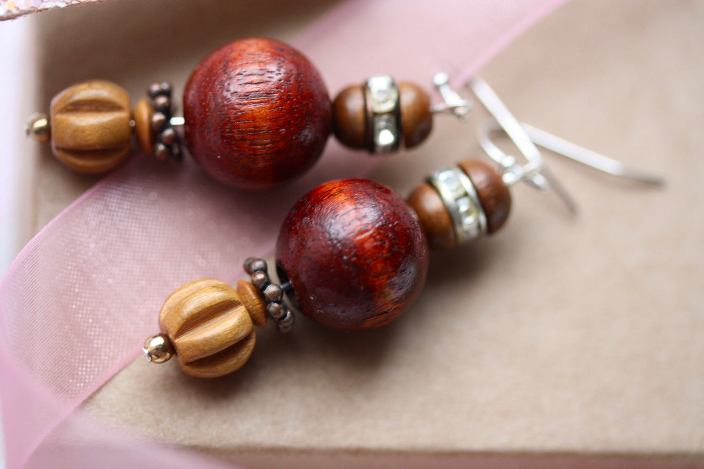 Metal, crystal rhinestone and wood handmade dangle earrings with vintage, upcycled and new elements