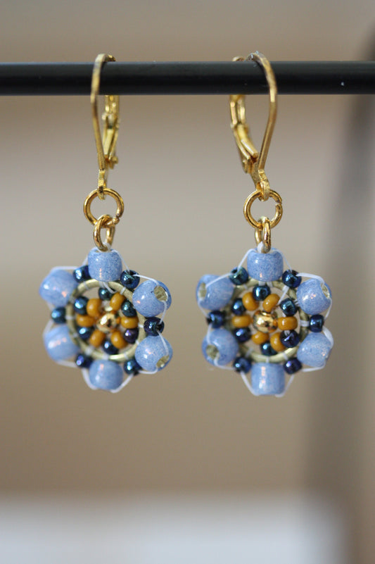 Tiny little dangles hand beaded seed bead  earrings - shades of blue and gold with goldtone center