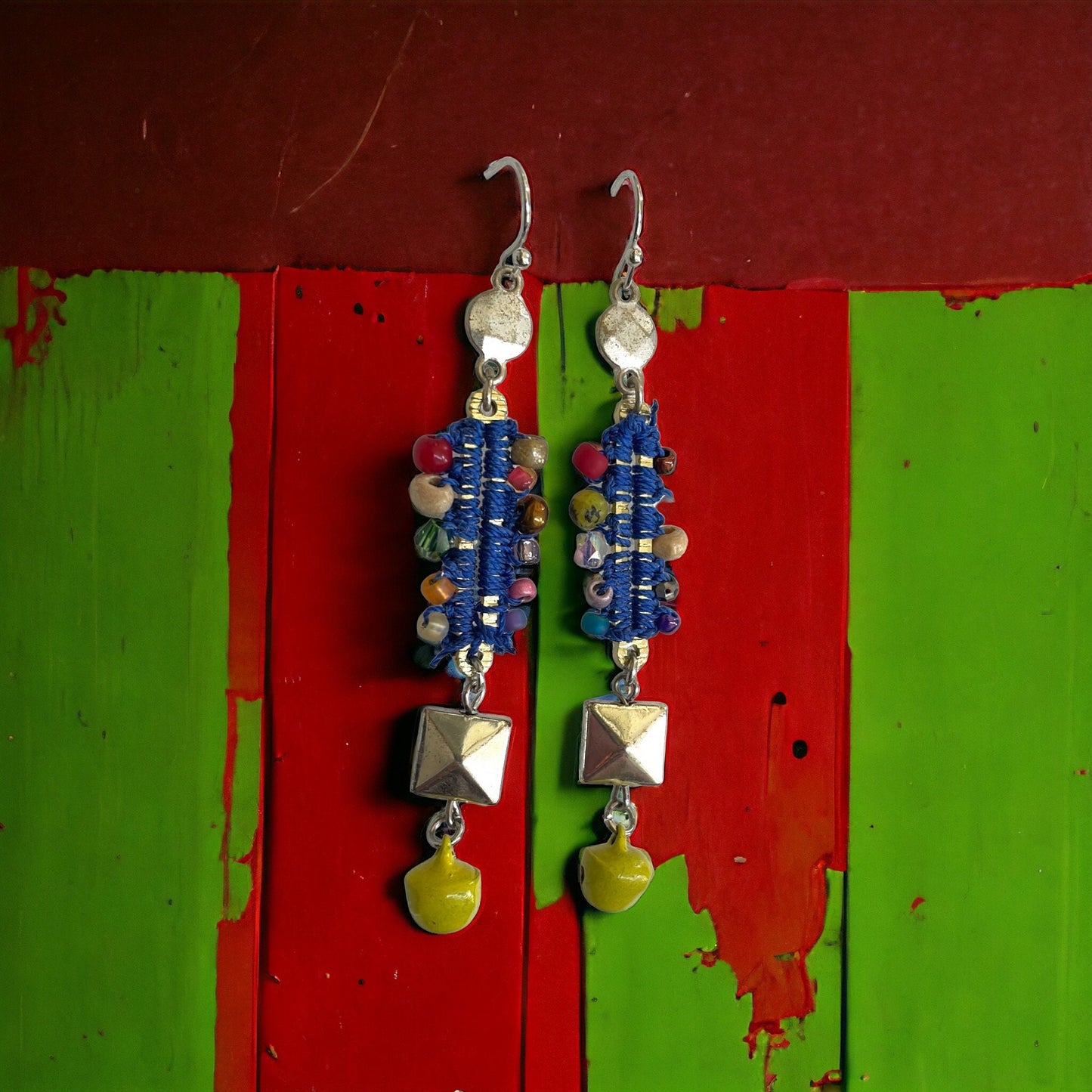 Mixed material collage earrings - metal, string, glass, and mustard yellow tiny bells