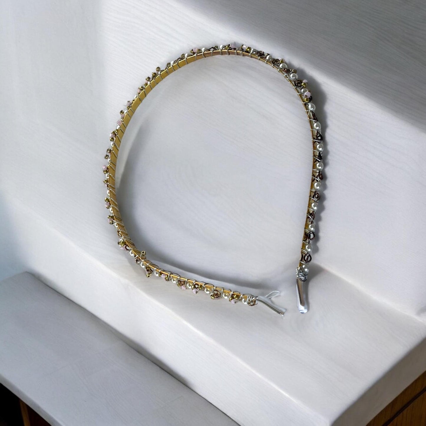 Stunning handmade headband - pearl, rhinestone and pink iridescent moonstone beads on metal base - wedding, bride, formal hair, hairdo, updo