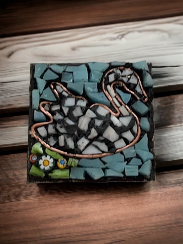 Handmade Mosaic Necklace - Swan in Water with Millefiori Glass