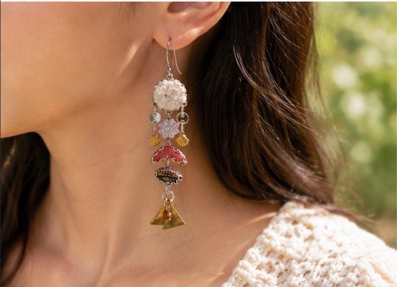 Handmade Mixed Media Dangle Earrings | Vintage Fabric Art Earrings | Boho Statement Earrings | Mixed Metal Jewelry | Artisan One of a Kind