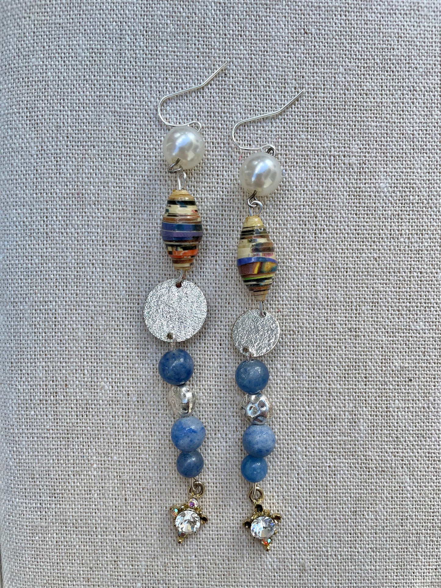 Unique long dangle earrings made with new and vintage mixed materials - metal, faux pearls, blue stones, rolled paper, vintage dangles