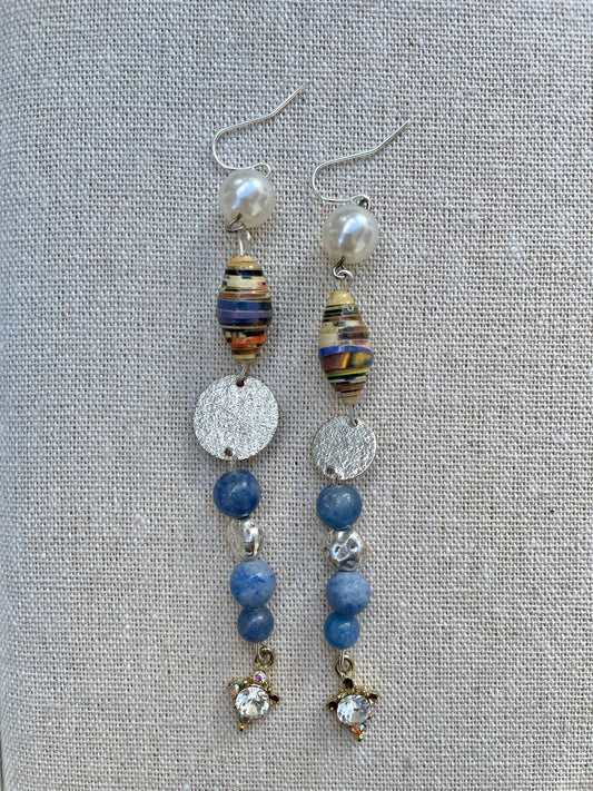 Unique long dangle earrings made with new and vintage mixed materials - metal, faux pearls, blue stones, rolled paper, vintage dangles
