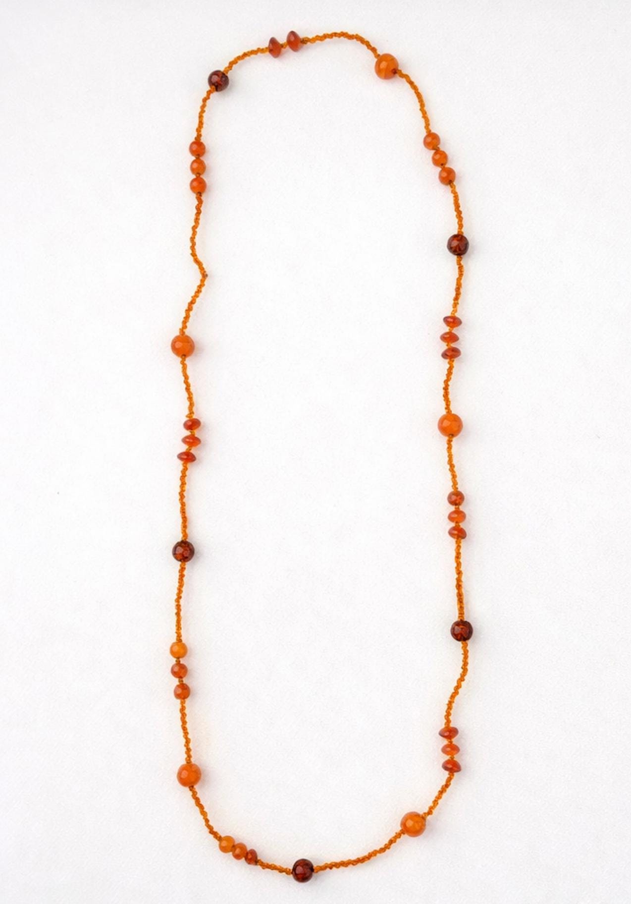 Vintage Orange Glass Bead Necklace – Long 3 Strand Beaded Statement Necklace – Amber Tone Layered Retro Jewelry