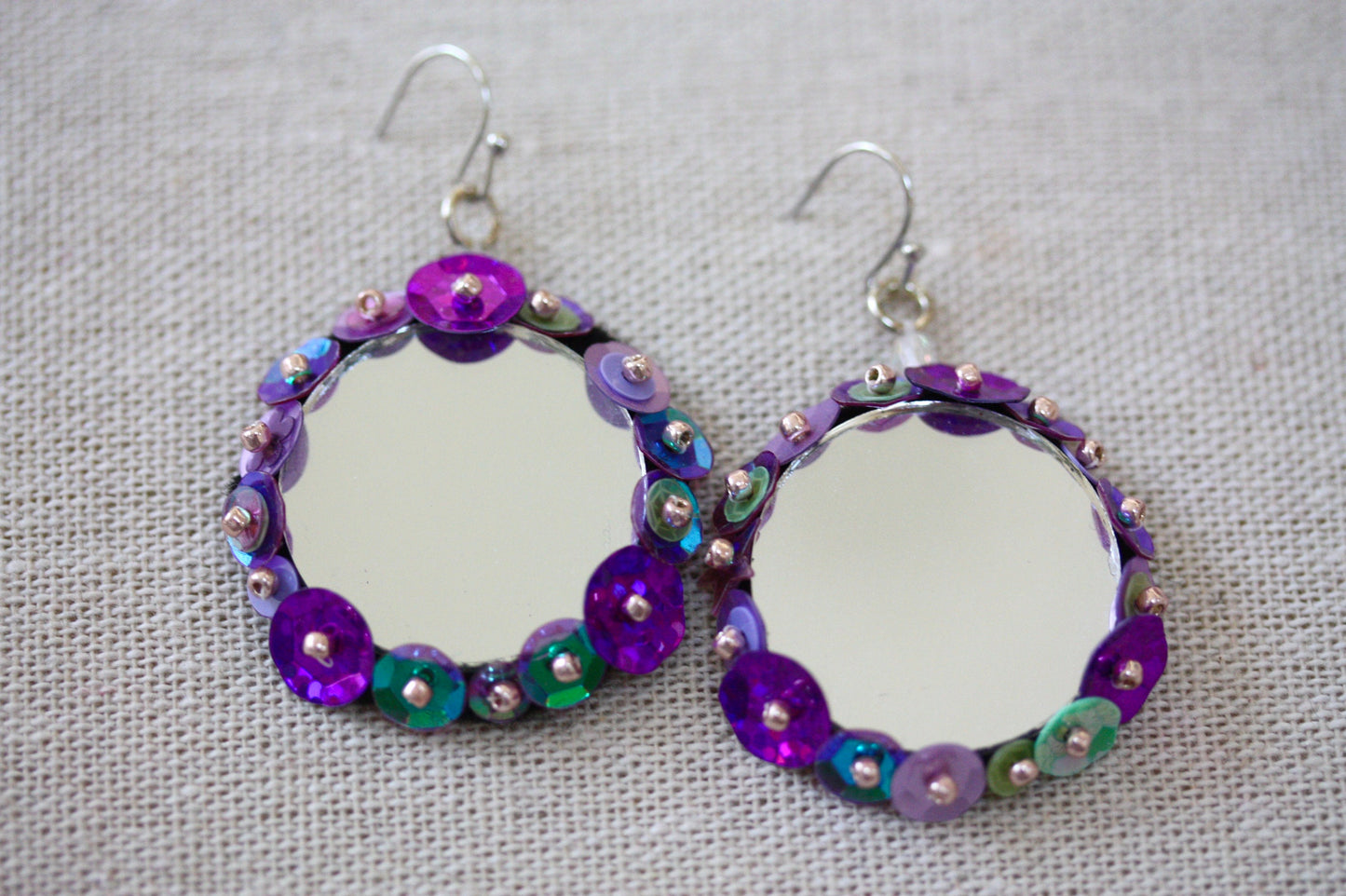 Unique hand beaded and sequined dangle mirror earrings