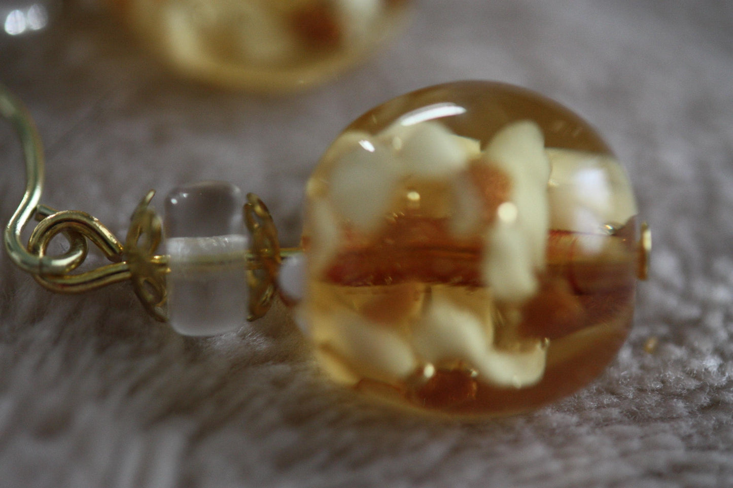 Stunning yellow and gold blown glass earrings with goldstone filigree - 1 and 1/4"
