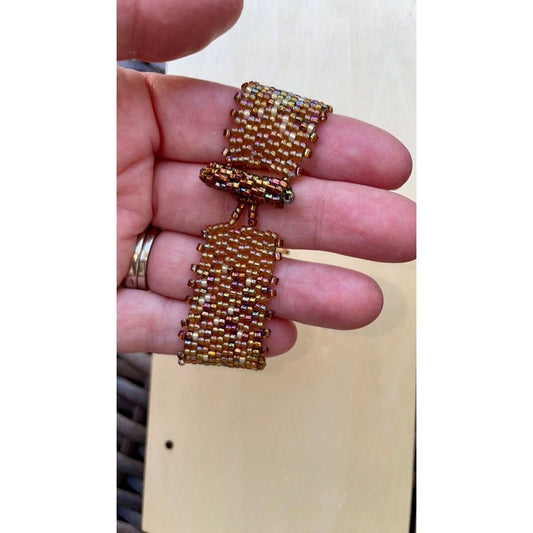 Stunning gold iridescent handmade beadwoven vintage beadwork bracelet with hand beaded toggle closure