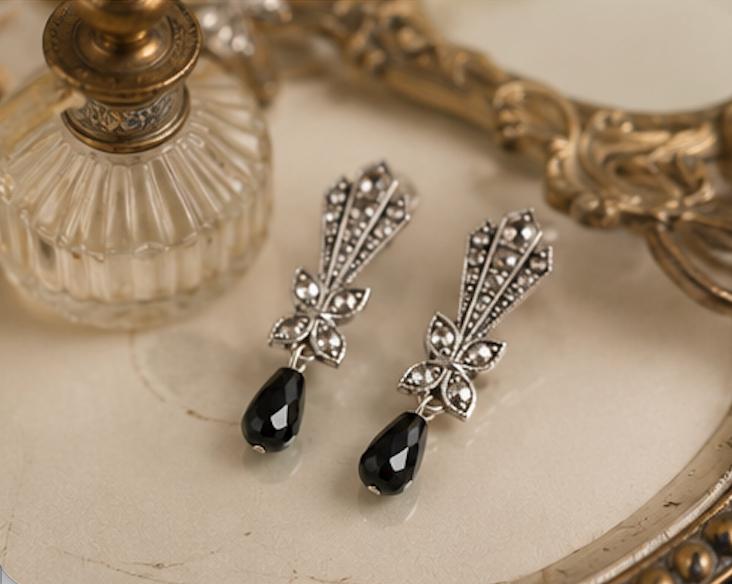 Vintage Art Deco Style Clip-On Earrings with Black Teardrop Dangles | Silver Tone Rhinestones | 1.5" Long