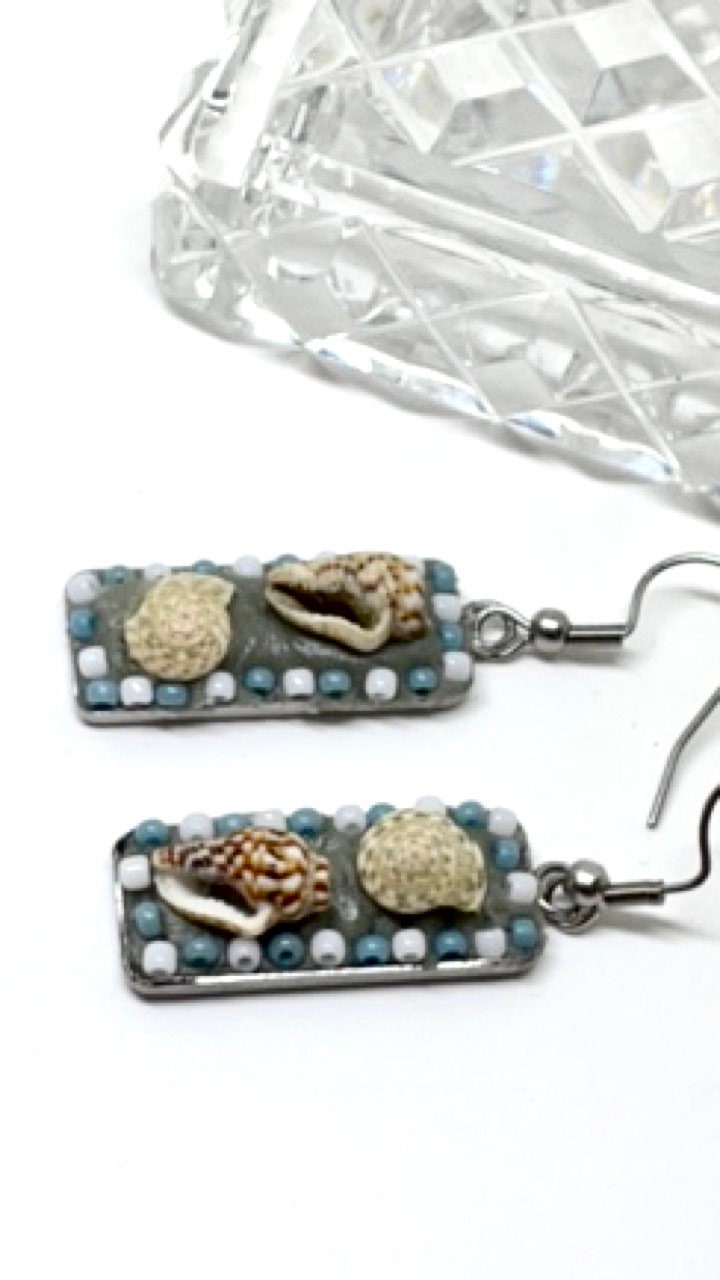 Small mosaic tile beach themed shell and glass blue and white small (1 inch) handmade dangle earrings
