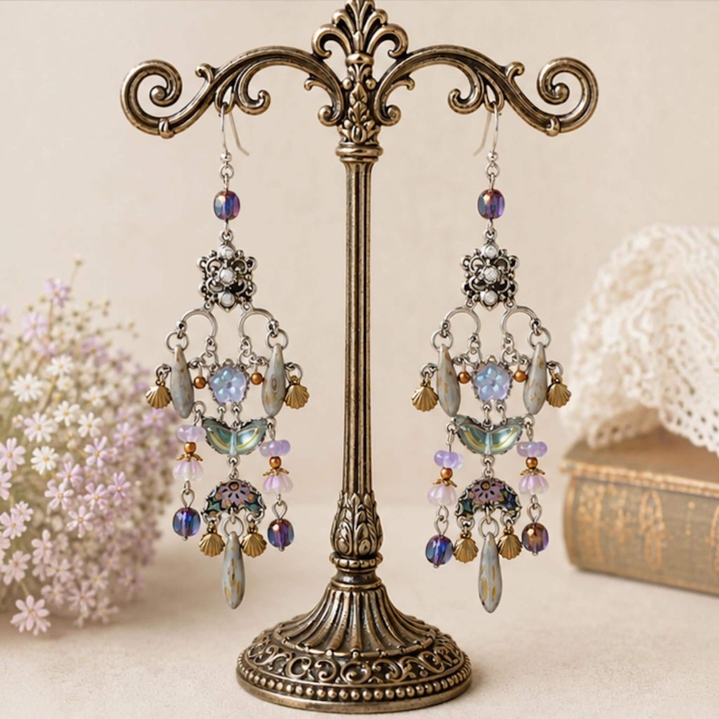 ONE OF A KIND Wearable Art Chandelier Earrings | Czech Glass, Vintage Rhinestones, Silk & Mixed Metal Statement Earrings