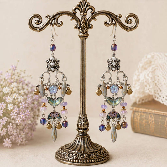 ONE OF A KIND Wearable Art Chandelier Earrings | Czech Glass, Vintage Rhinestones, Silk & Mixed Metal Statement Earrings