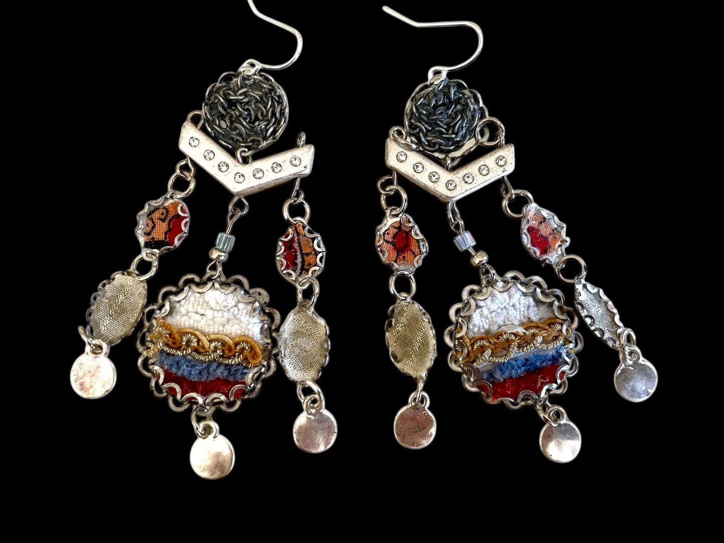 One-of-a-kind earrings made with fabric, velvet, lace, mixed metals, chain and rhinestone studded spacers. Sterling ear wires.