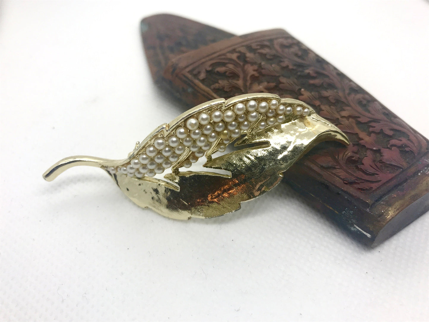 Vintage leaf pin studded with faux pearls