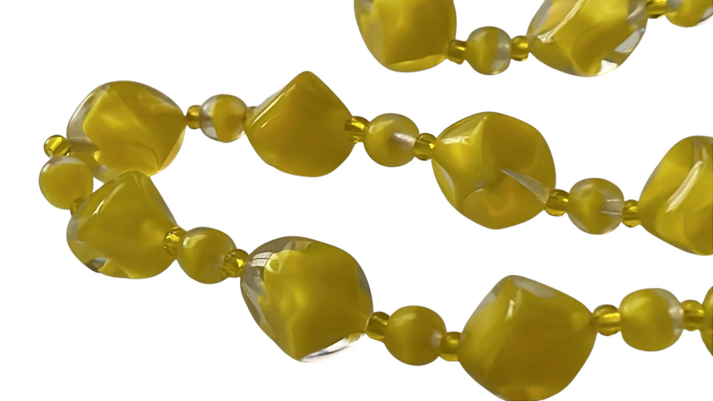 Vintage 1950s Czech Cased Glass Necklace – Bold Yellow & Clear Mid Century Art Glass Statement Beads