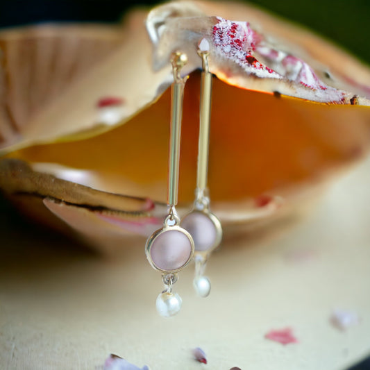 Handmade earrings - made of upcycled vintage components combined with new - light amethyst colored frosted glass with goldtone bugle beads