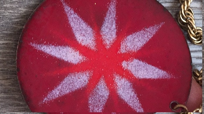 Unique mid century modern vintage enamel on copper necklace - red