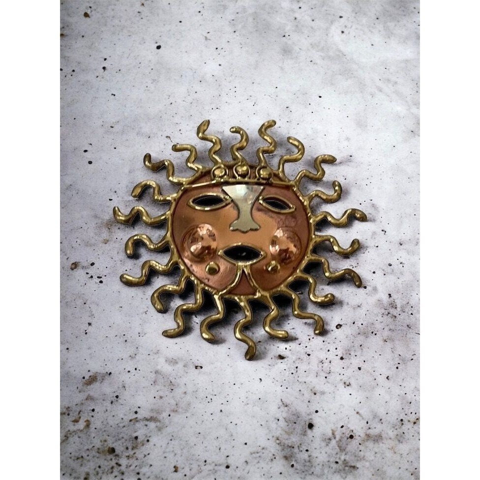 Dramatic Multi-metal Vintage Aztec Sun Mask Brooch Pin