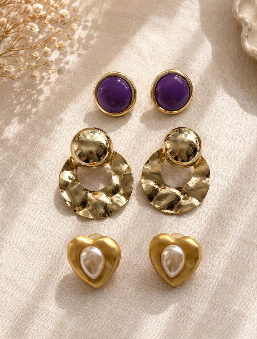 Vintage Pierced Earring Lot of 3 Pairs – Purple Cabochons, Gold Tone Hammered Hoops & Faux Pearl Hearts – Retro Statement Jewelry Collection