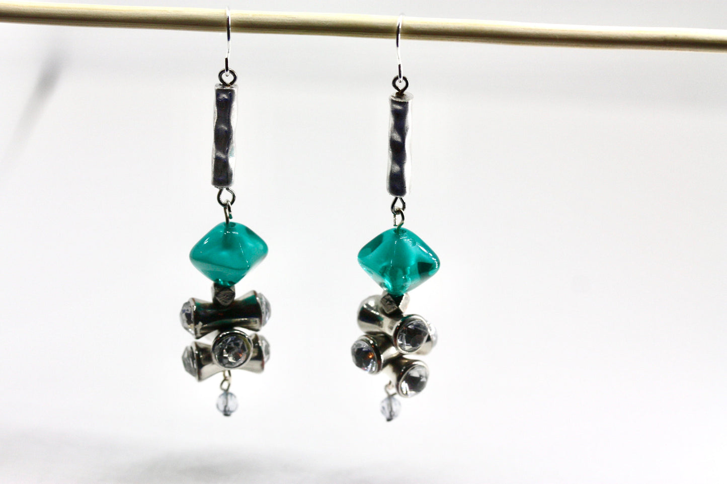 Handmade dangle earrings - sterling silver ear wires, turquoise glass, rhinestone vintage beads, crystal drops, hammered silvertone bars