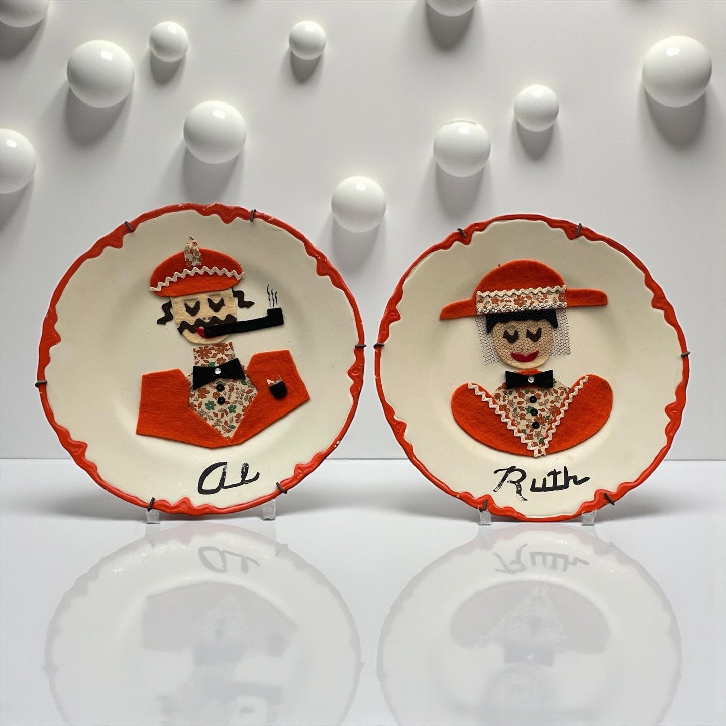 Vintage Felt Art Wall Plates, Retro Folk Art, Mid Century Wall Hanging Set - possibly the most charming portrait plates!  Meet RUTH & AL