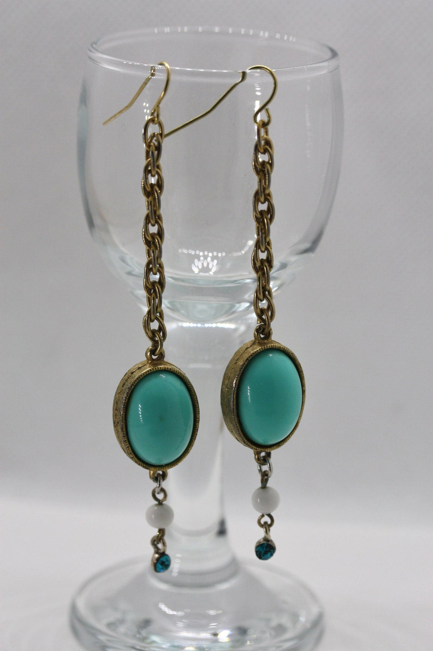 Handmade mixed material dangle earrings made of vintage and new materials - turquoise dangles with white glass and blue rhinestones