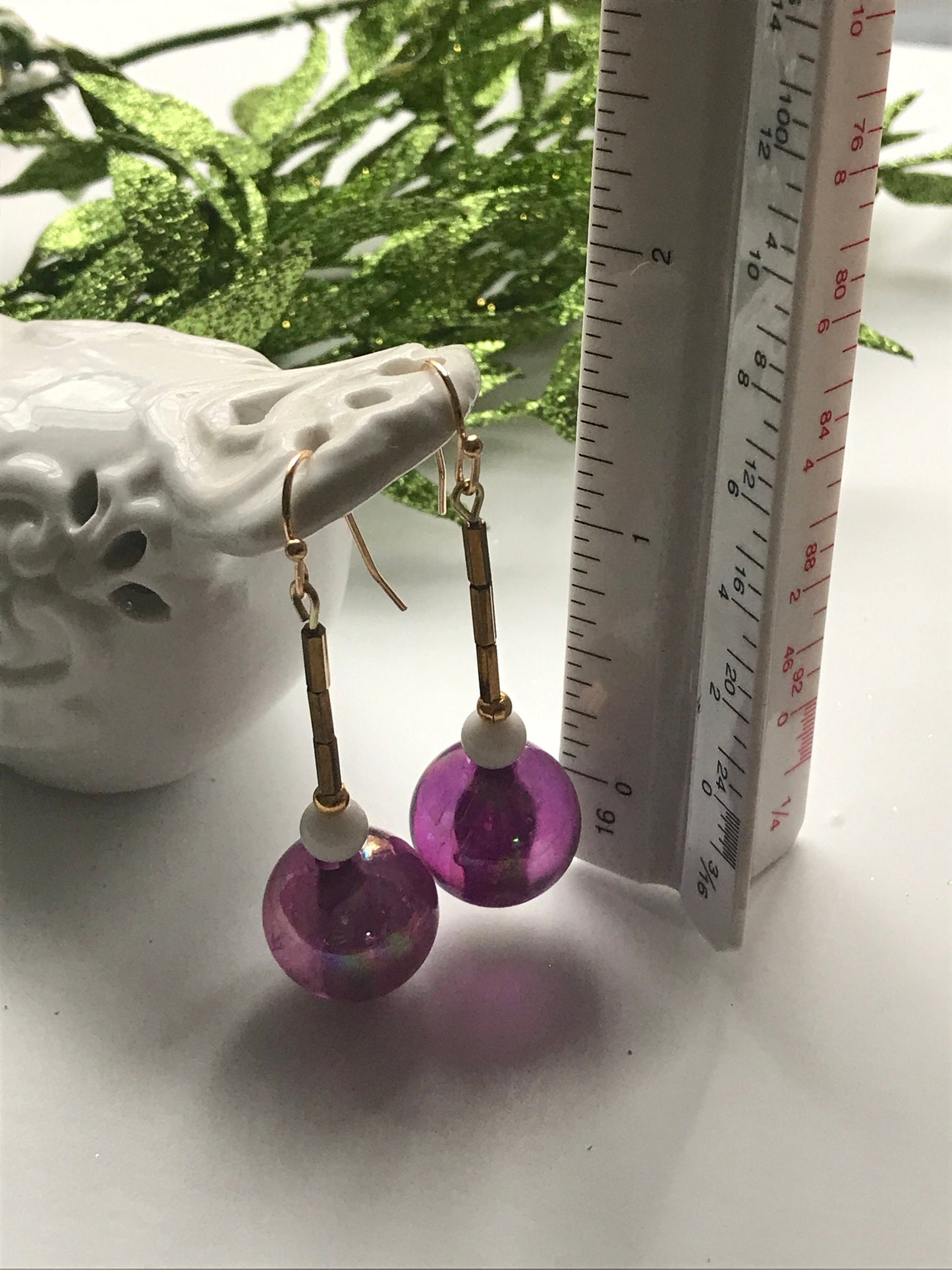 Handmade earrings with upcycled vintage purple glass ball dangles