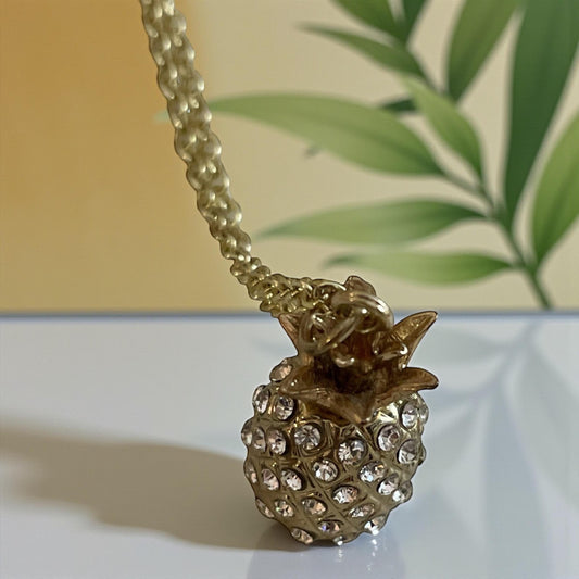 Gold Pineapple Necklace with Clear Rhinestones – Tropical Pendant Jewelry