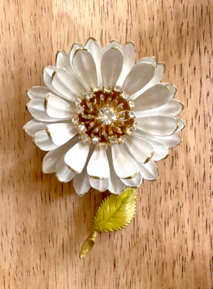 Revised, Modernized, Upcycled - hand made / hand painted one-of-a-kind mixed media vintage white flower pin with rhinestones