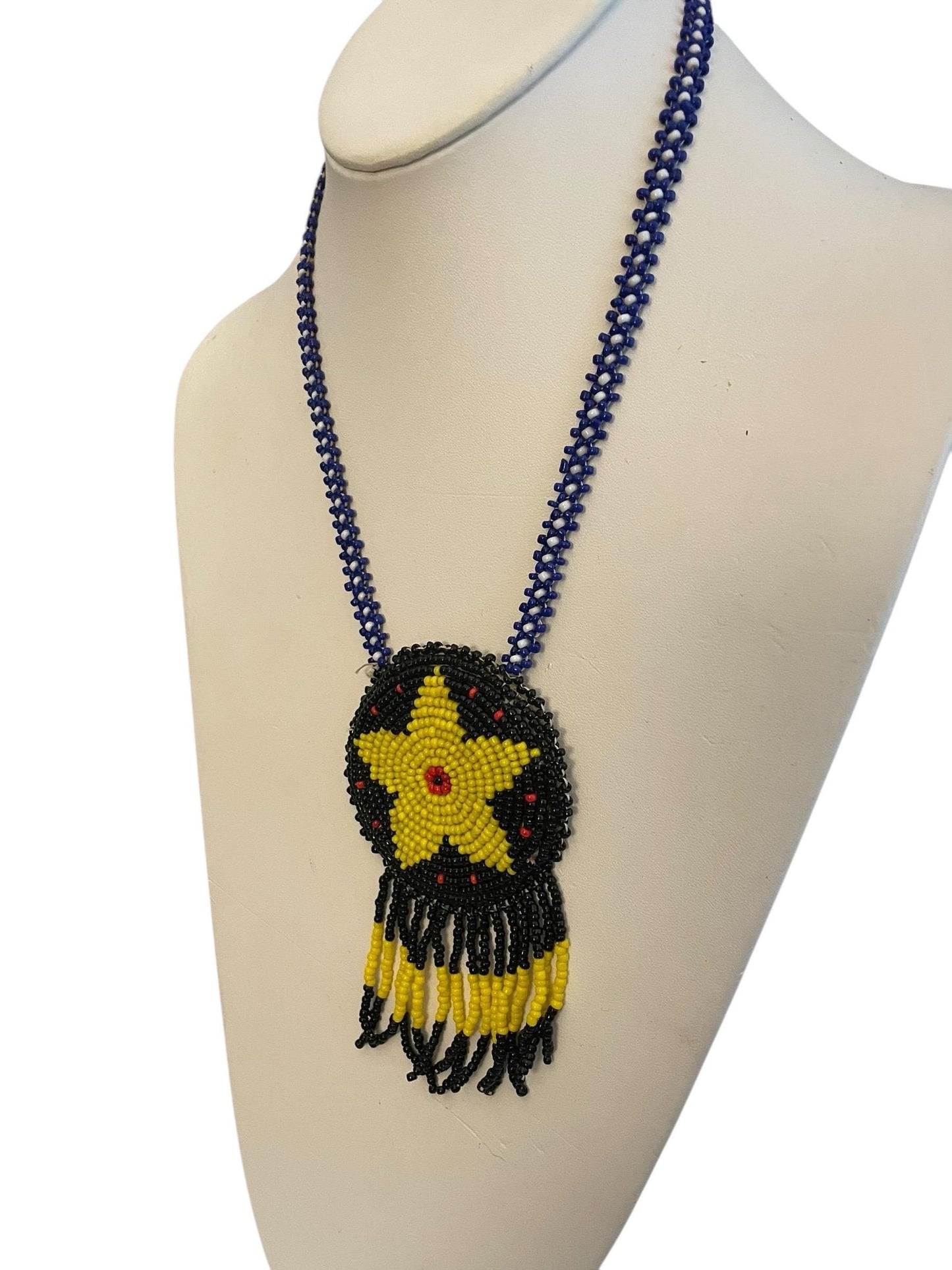 Native American style seed bead beadwork yellow, black and red stunning necklace