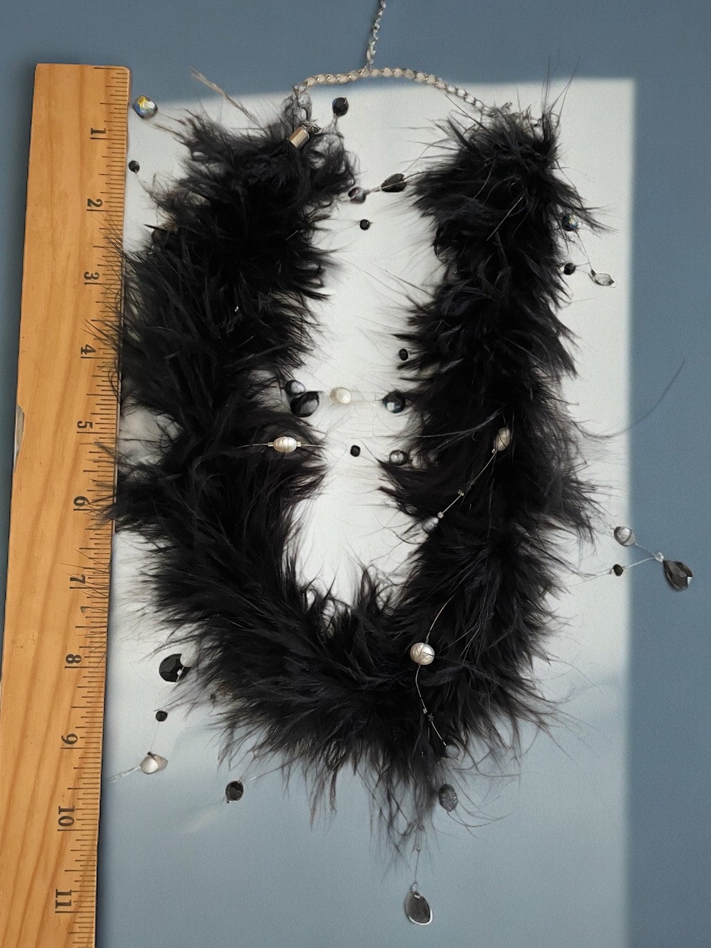 Unique vintage black feather necklace with crystals and pearls