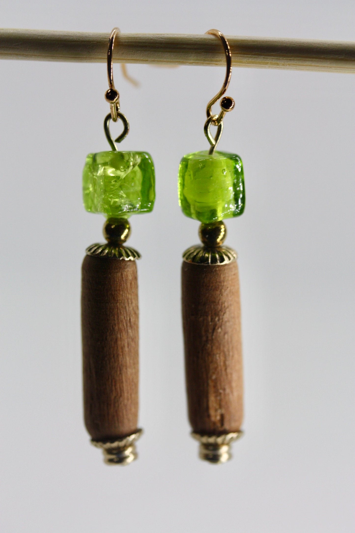 Handmade dangle earrings - lime green upcycled glass cubes with vintage wood tubes and metal elements, goldtone french ear wires