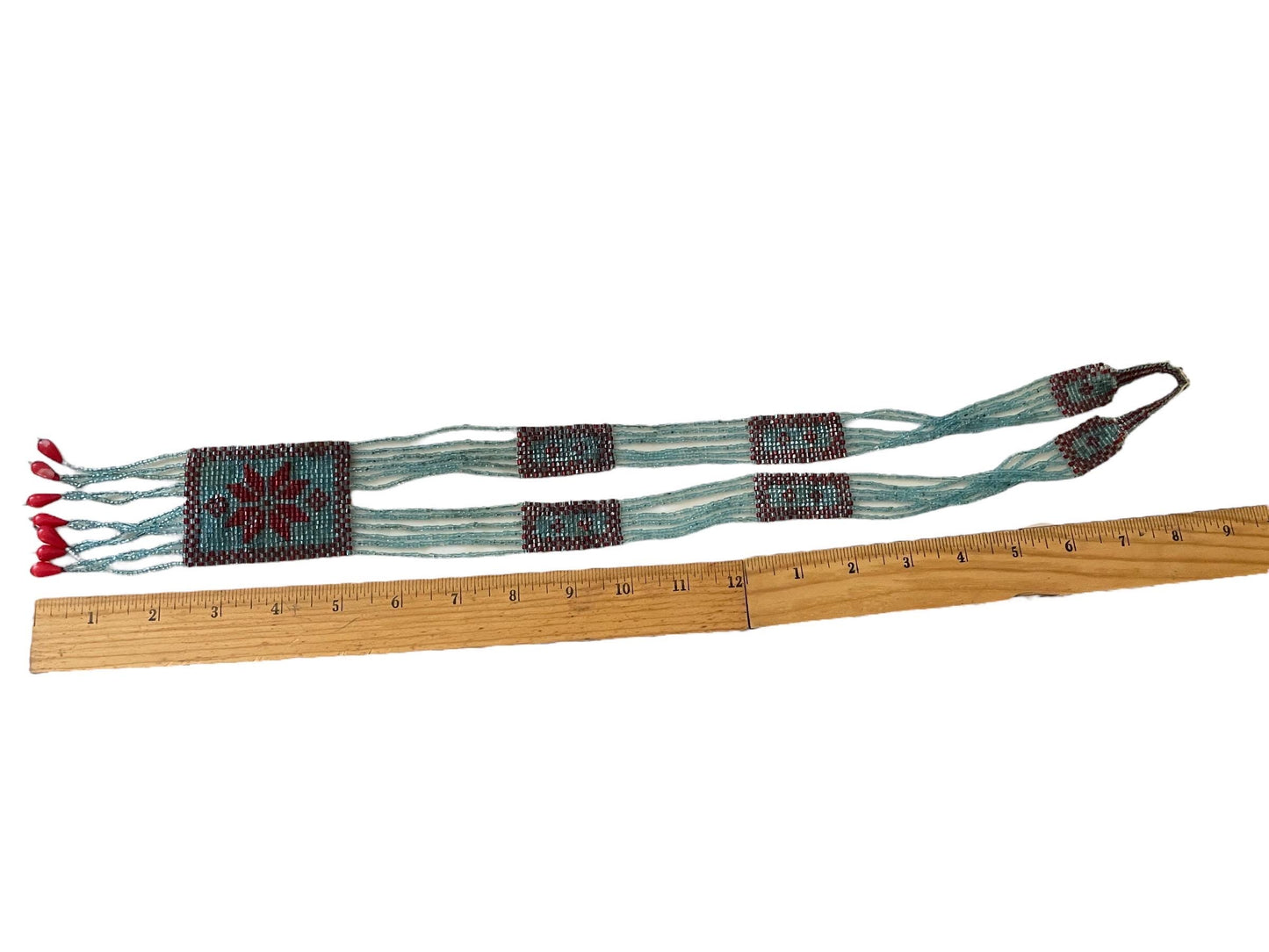 Stunning long multi-stranded vintage handmade all-beaded necklace - turquoise and red glass seed beads