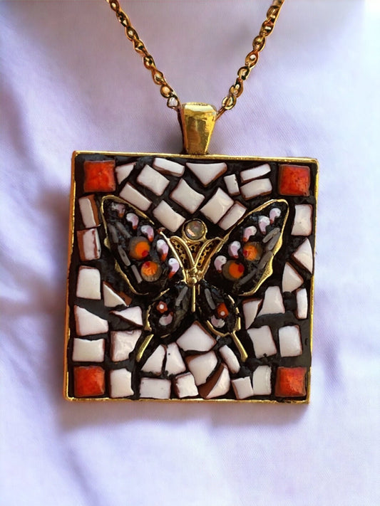Handmade mixed material hand cut tile and Italian micro mosaic glass - square butterfly necklace