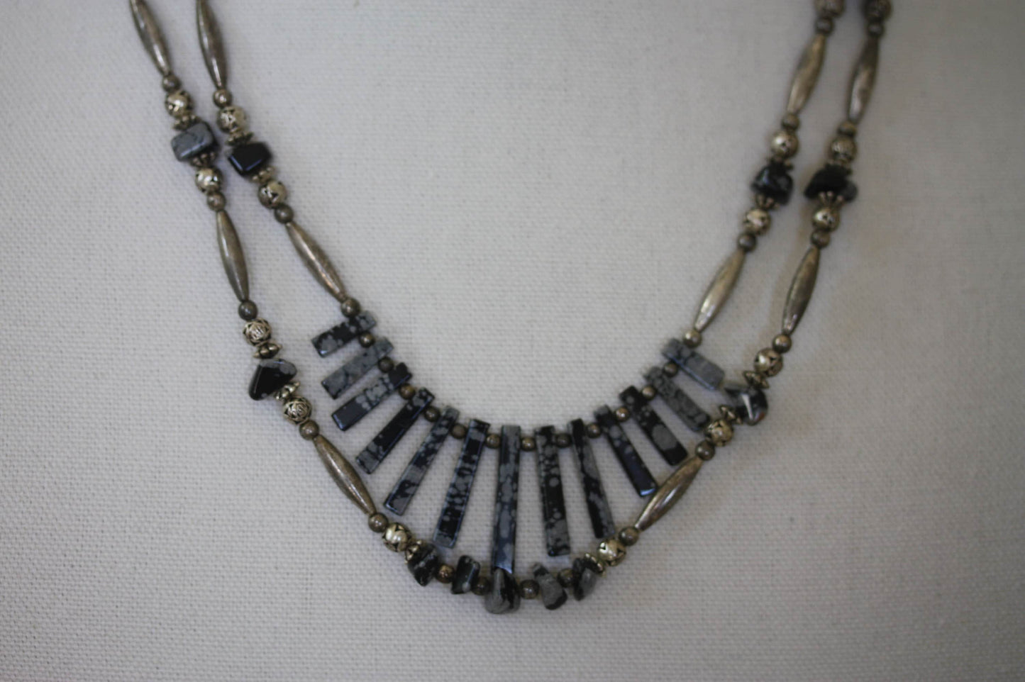 Stunning silver beaded snowflake obsidian double-stranded vintage artisan necklace