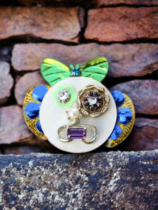 Meet "Mary Sue" - Assemblage art / mixed media collage, mosaic - magnet, pin or necklace pendant or Christmas ornament