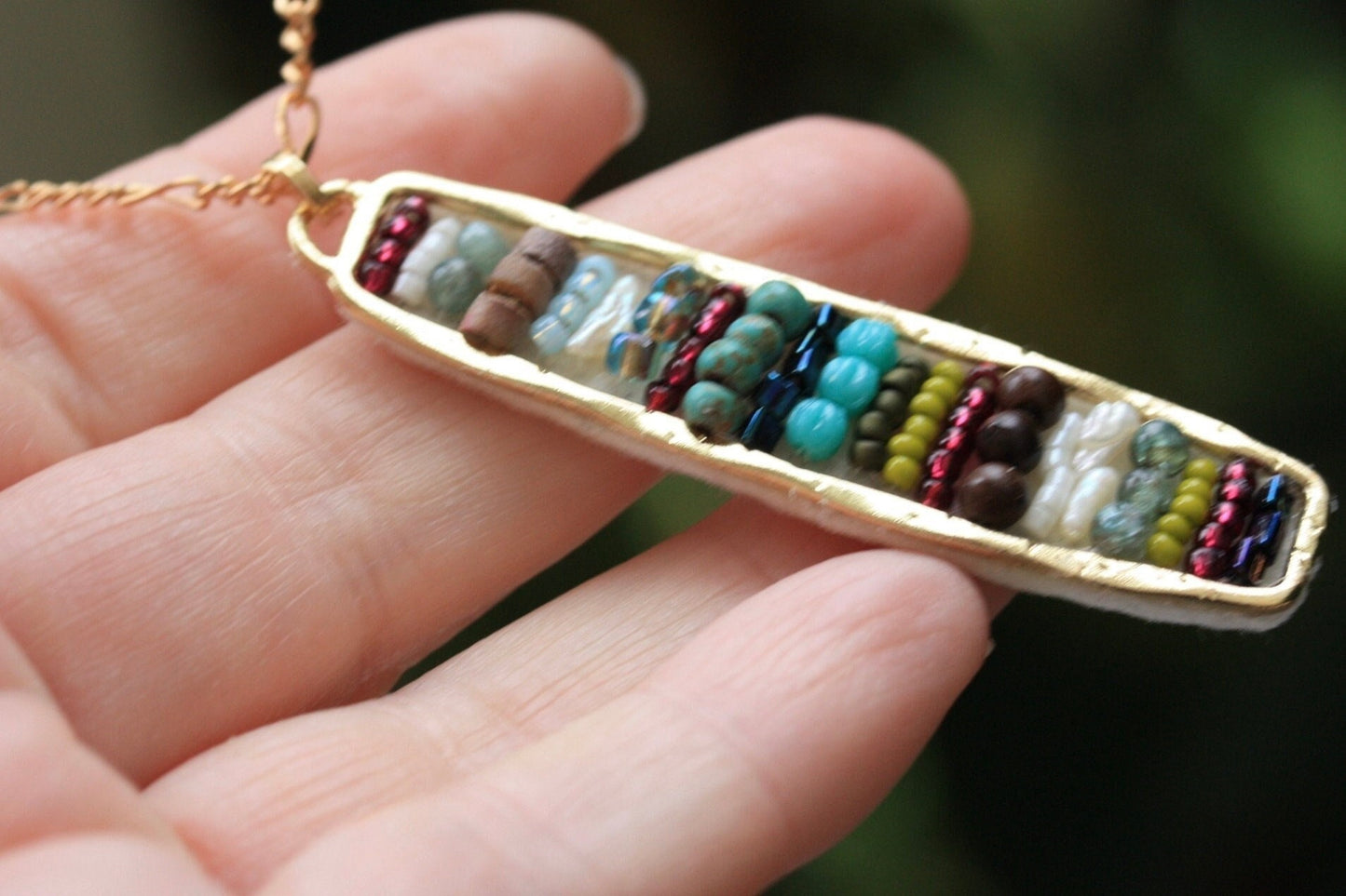 Hand beaded mixed material necklace - baroque pearl, glass, wood, metal, turquoise