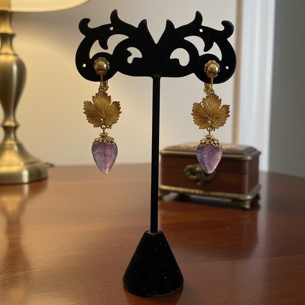 Vintage Goldtone Leaves Clip On Earrings with Carved Amethyst Drops | Retro Statement Jewelry