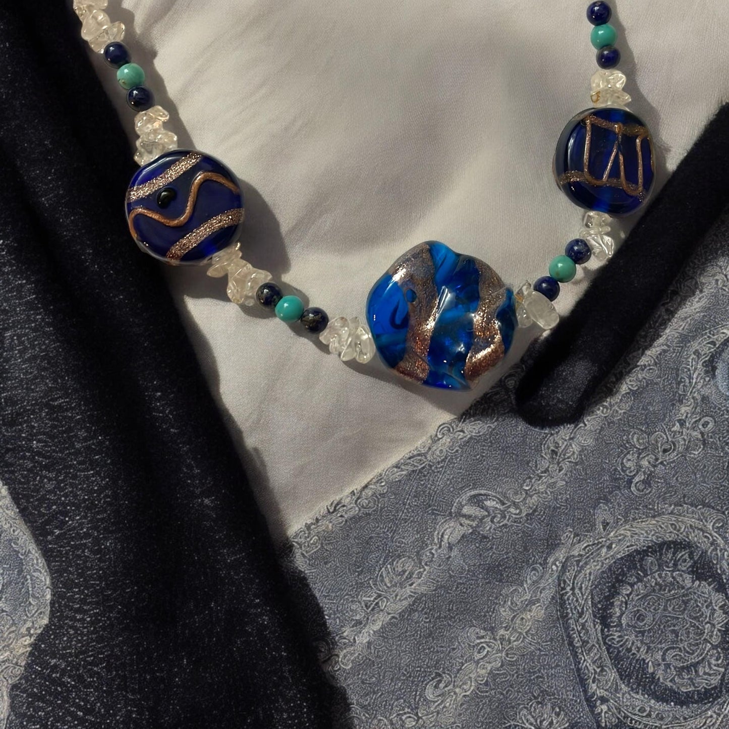 Cobalt blue art glass beaded necklace with semi precious stone chips, black tubes and turquoise/black beads