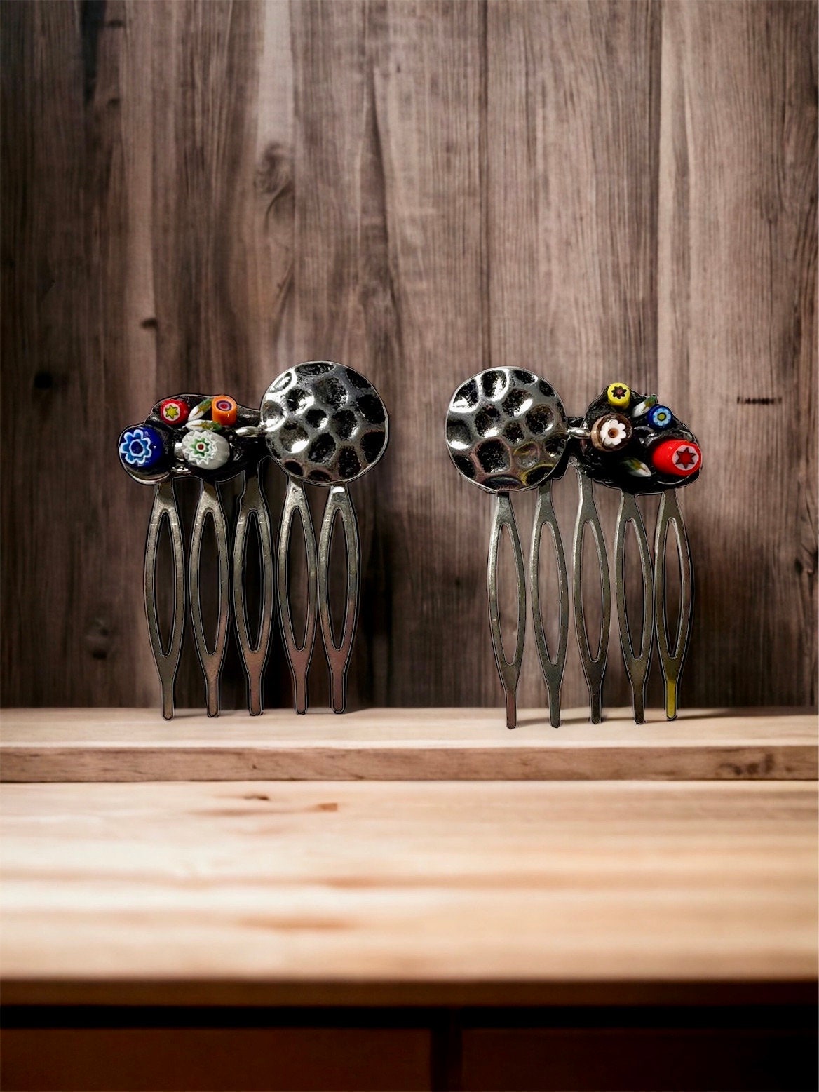 Pair of one-of-a-kind handmade Italian glass micro mosaic hair combs with millefiori