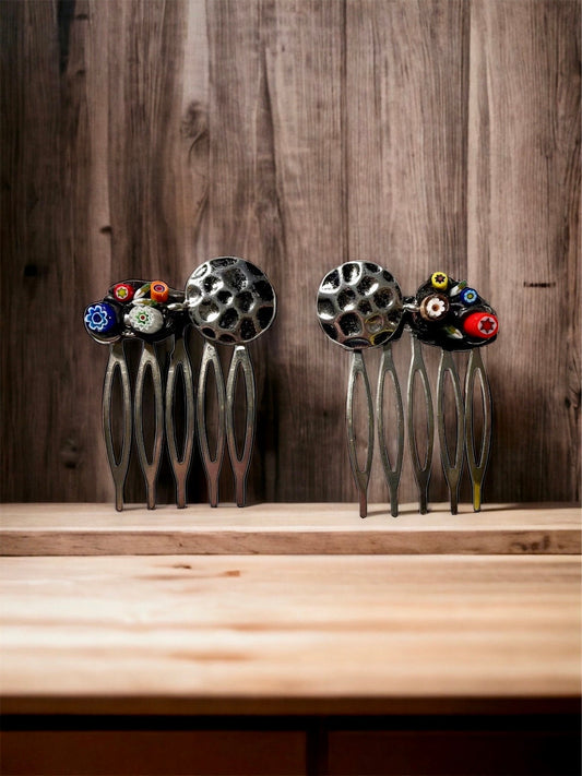 Pair of one-of-a-kind handmade Italian glass micro mosaic hair combs with millefiori