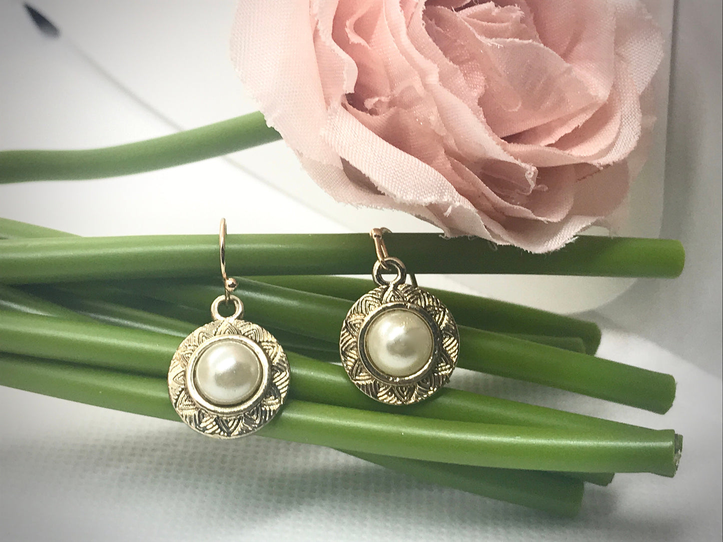 Handmade earrings with upcycled faux pearls