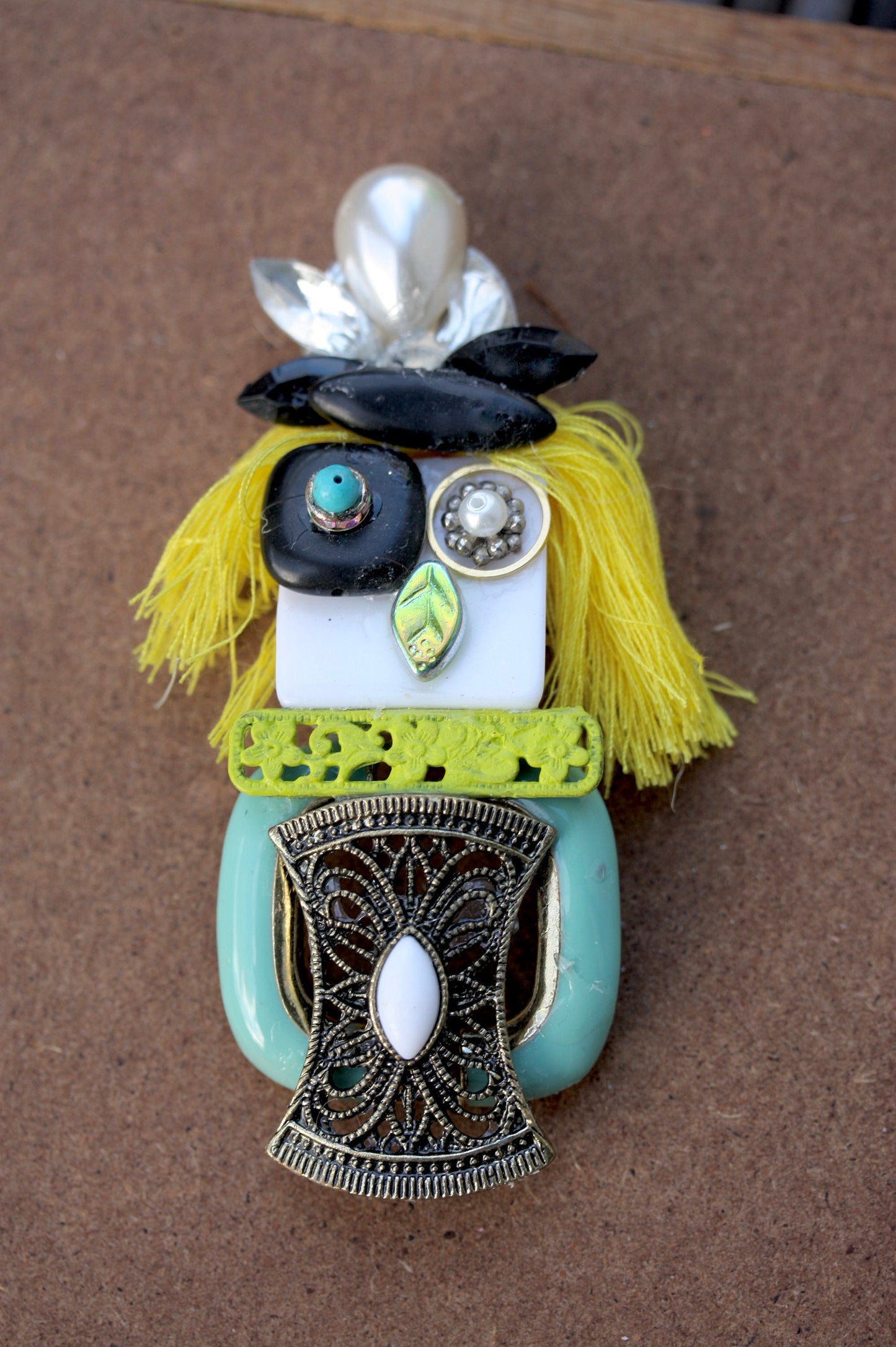 Meet "Abstract Bird Woman" - Assemblage art / mixed media collage - magnet or pin